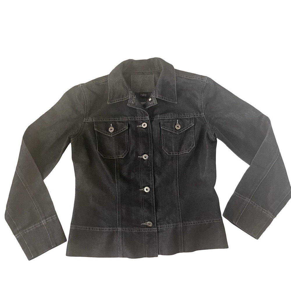 VTG GUESS Womens Size L Black Gray Denim Jean Jacket Metallic Shimmer Biker Moto